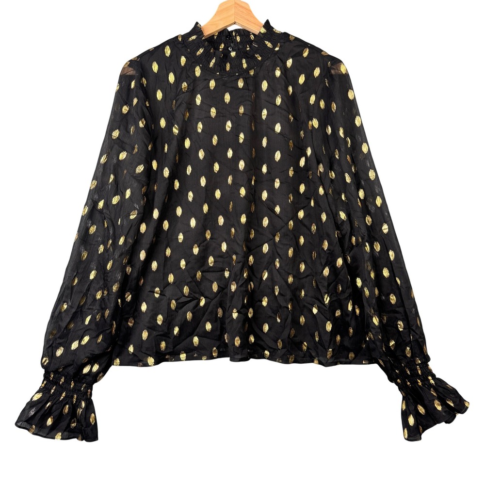 Pomander Place Black Gold Metallic Polka Dot Smocked Mock Neck Blouse Medium